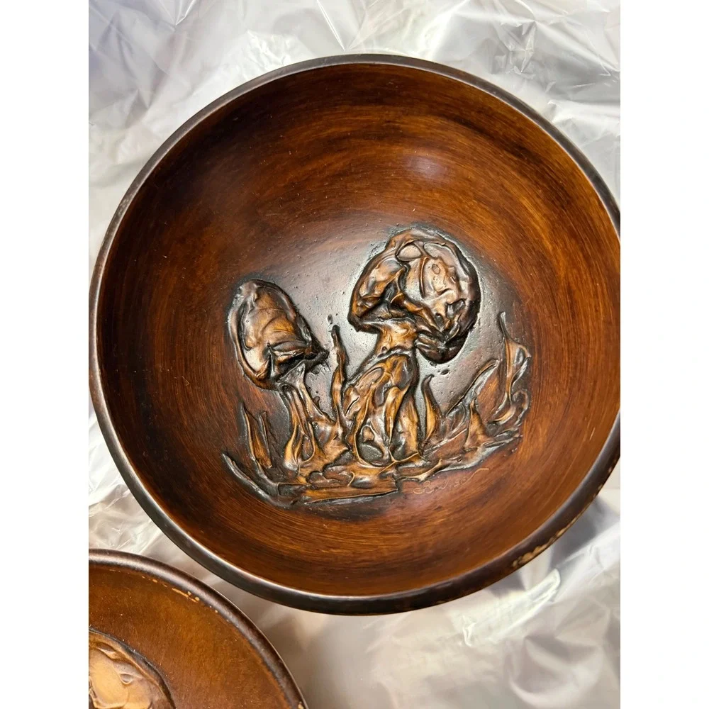 Vintage Set of‎ 2  Wood resin  Mushroom Relief Bowls 6 inch Brown Rustic
